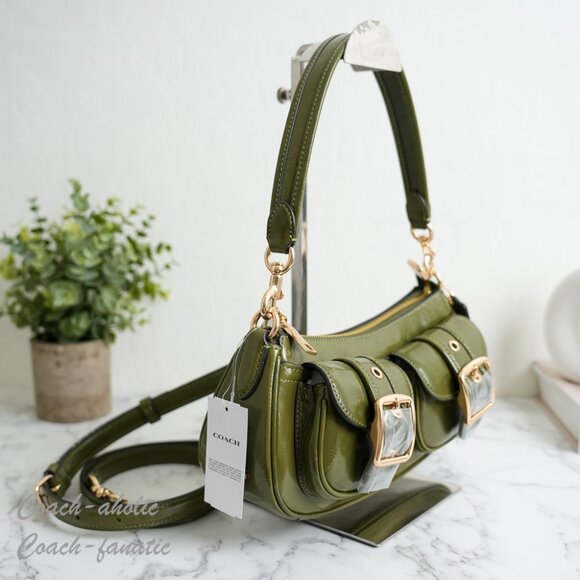 Coach CBJ01 Ashton Shoulder Bag In Shiny Crinkle Leather Gold/Olive Green - Picture 4 of 11